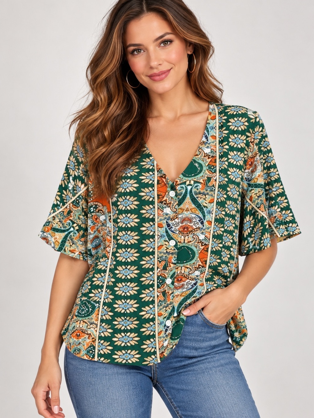 CUPSHE Women's Floral V Neck Button Front Bell Sleeve Blouse Top XL